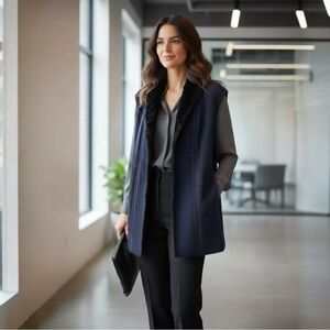 Lafayette 148 New York Navy Cashmere Lamb Shearling Suede Open Sweater Vest M